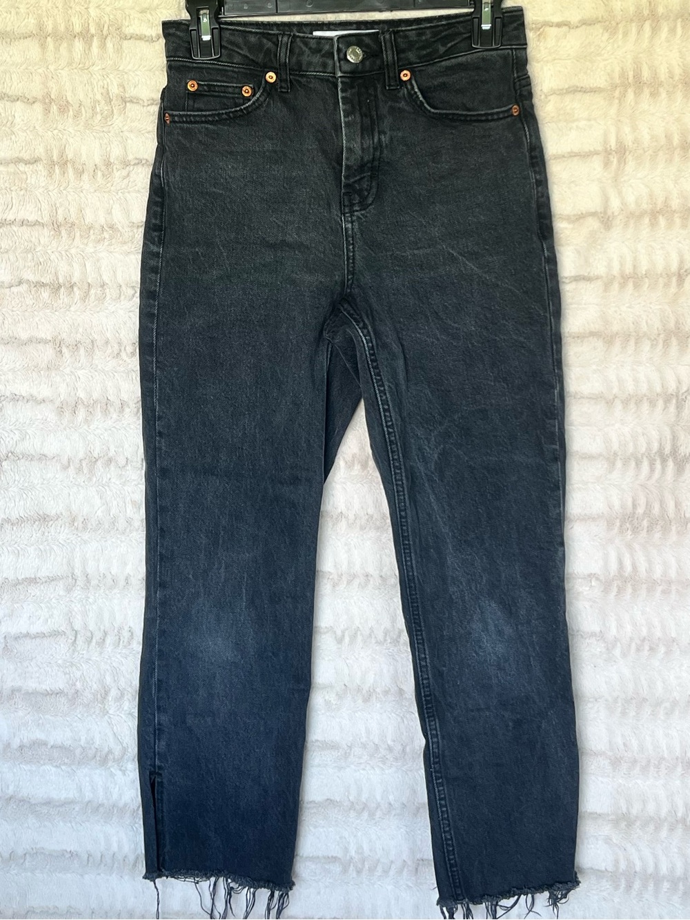 Topshop Washed Black Cropped Straight Jeans with Raw Hem
